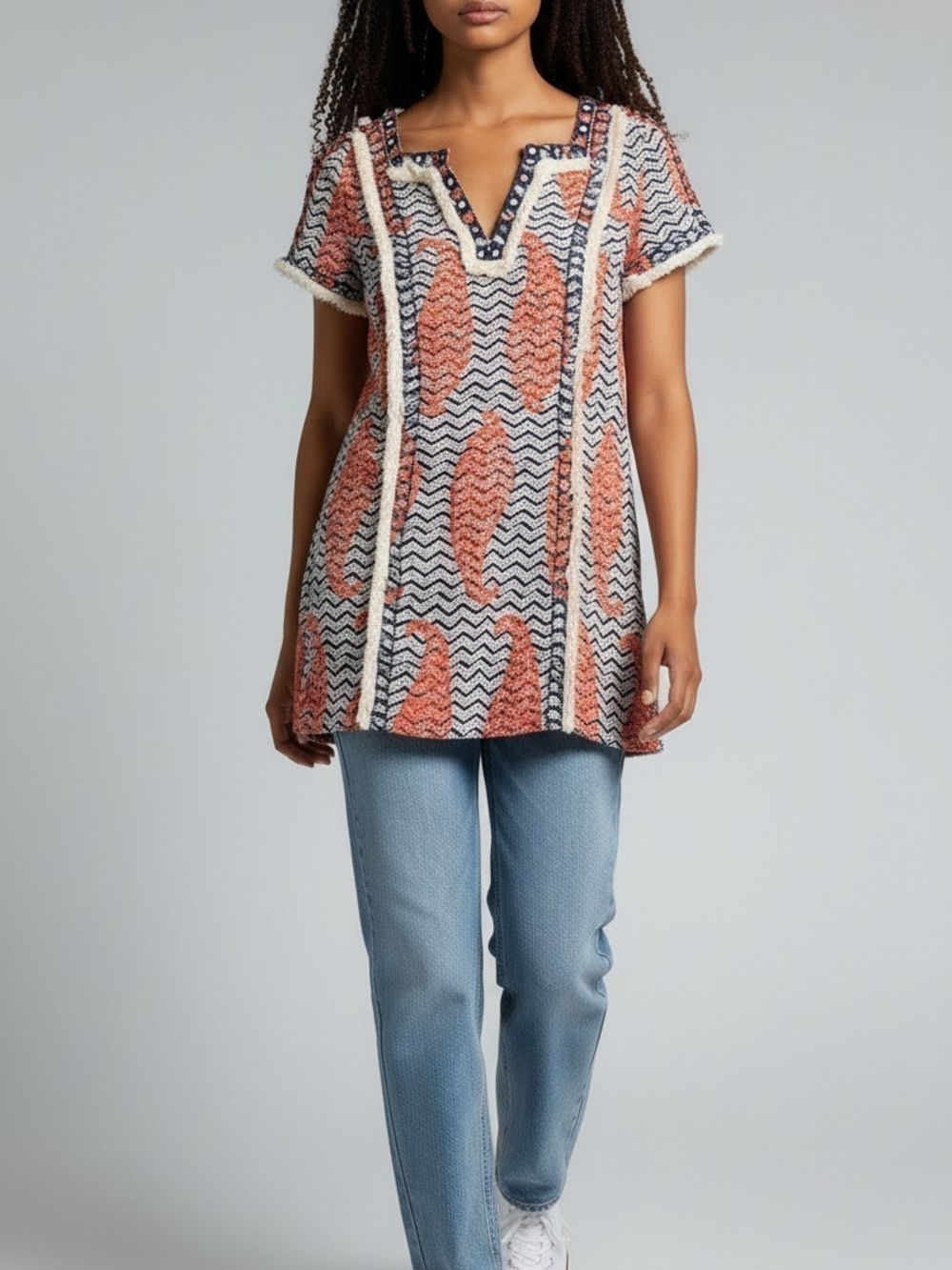 Tory Burch Textured Short-Sleeve Tunic Top in Coral and Navy